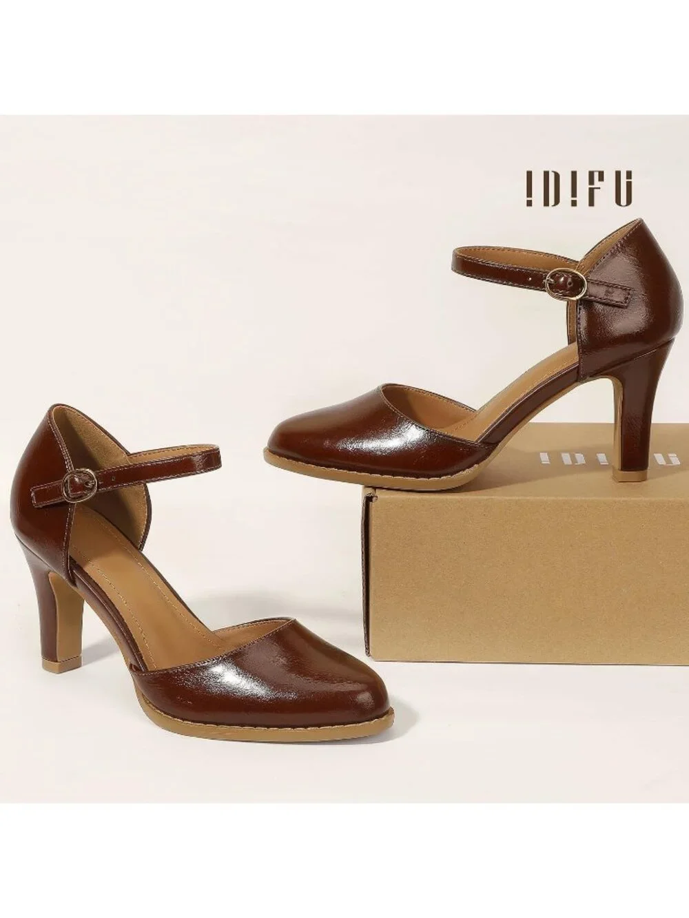 Women's Dark Brown Pu Closed Toe Chunky High Heels Comfortable Dress Pumps Shoes